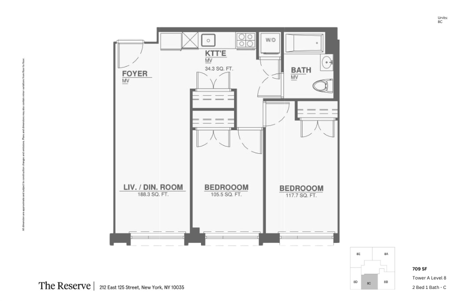 The Reserve floor plan featuring 2 bedrooms, a spacious living and dining area, modern kitchen, and bath. Located at 212 East 125 Street, New York, 709 sq ft.