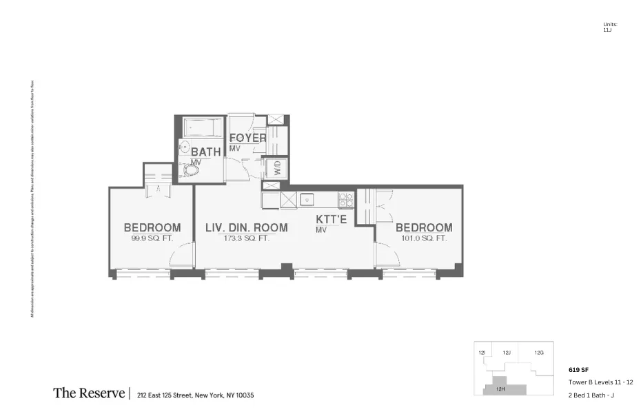 Elegant 2D floor plan of The Reserve featuring 2 bedrooms, a spacious living and dining area, and a modern kitchen in New York, 619 sq ft.