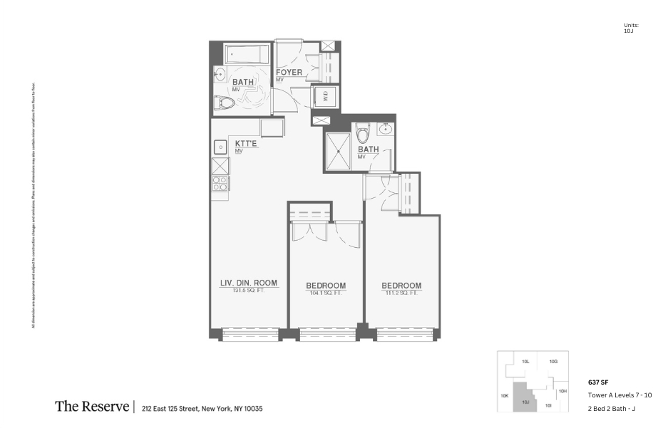Modern floor plan of The Reserve, showcasing a 2 bed, 2 bath apartment with open living and dining area, compact kitchen, and spacious bedrooms, located on Tower A Levels 7-10, 637 sq ft in New York.