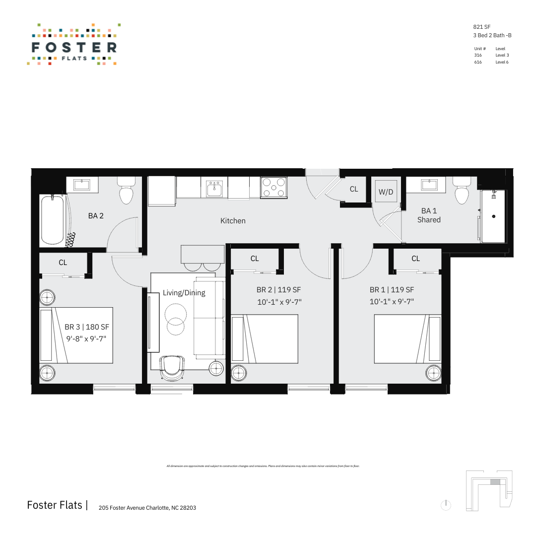 3 Bed 2 Bath - B | 821 SF