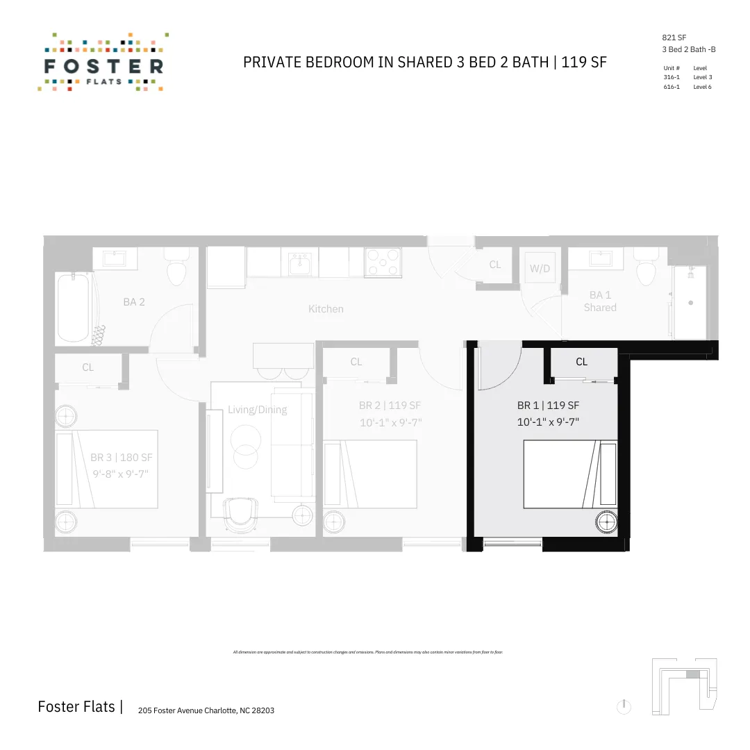 3 Bed 2 Bath - B | 821 SF