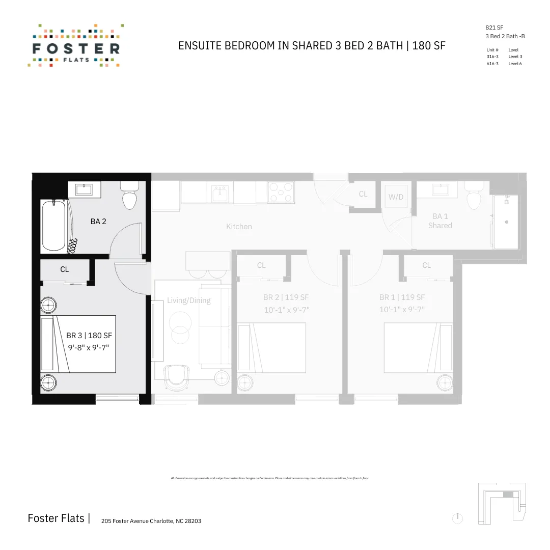3 Bed 2 Bath - B | 821 SF