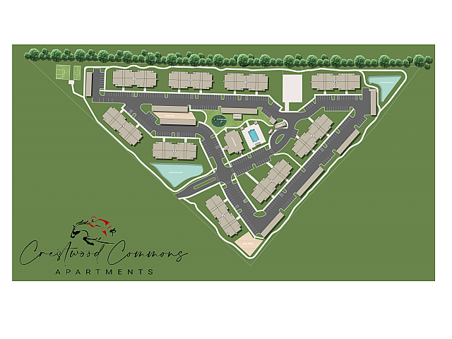Vibrant site plan of Crestwood Commons Apartments featuring lush green spaces, a central pool area, and convenient parking. Includes amenities like a dog park, playground, and sports court for an active lifestyle.