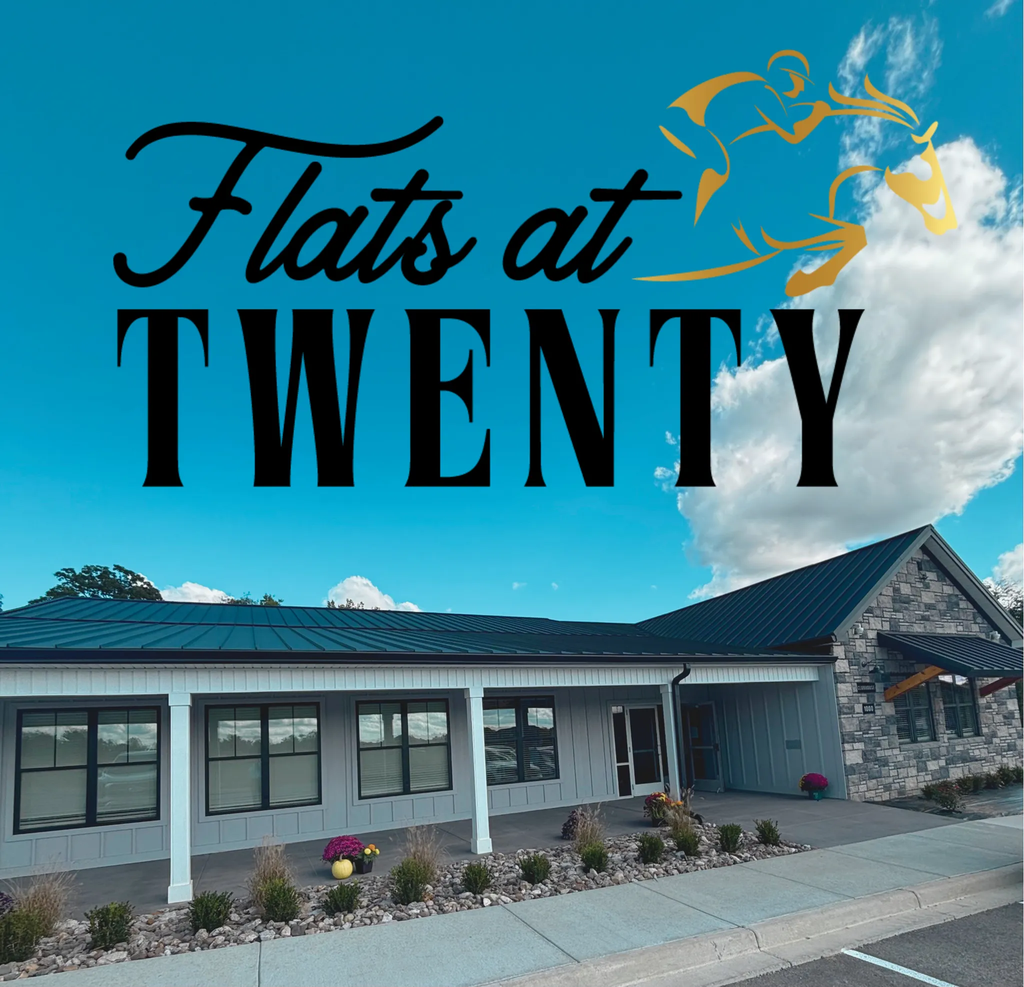 Charming apartment complex \'Flats at Twenty\' with modern architecture and inviting facade under a clear blue sky.