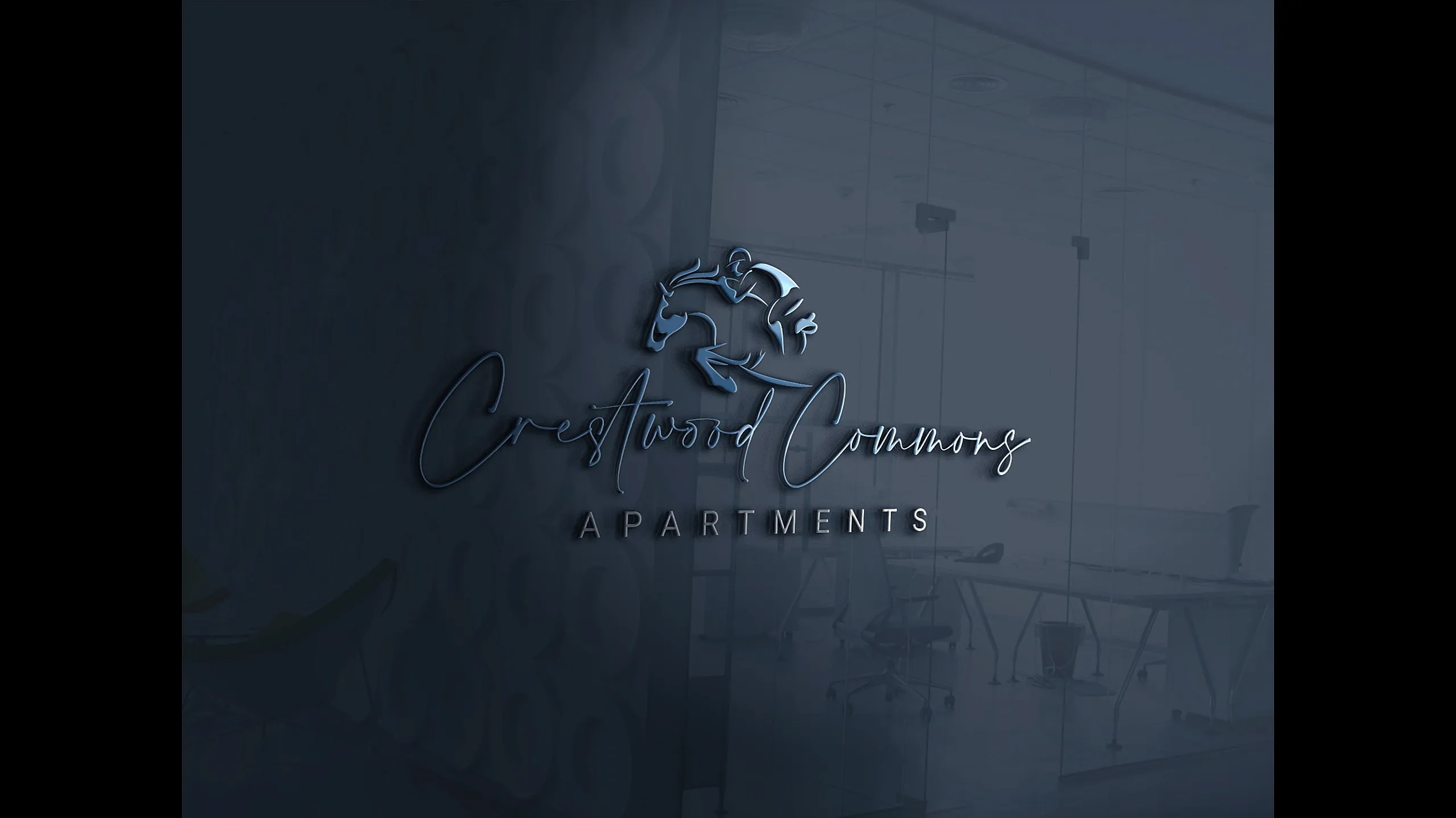 Elegant Crestwood Commons Apartments logo with a sleek horse design, set against a modern office backdrop.