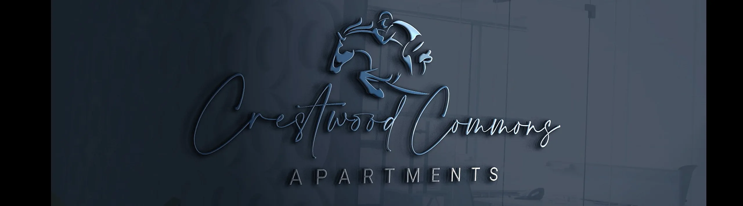 Elegant logo design for Crestwood Commons Apartments, featuring a sleek horse emblem and sophisticated typography.