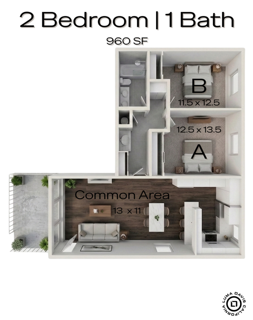 Modern 960 SF floor plan showcasing 2 bedrooms, 1 elegant bathroom, and a bright common area with balcony access.