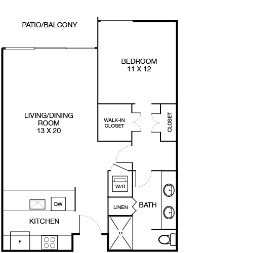 Inviting floor plan with 1 bedroom, spacious living and dining area, modern kitchen, and a private patio/balcony.