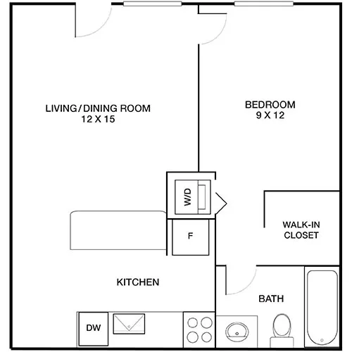 Modern 2D floor plan featuring a spacious living and dining area, cozy bedroom, and well-equipped kitchen with walk-in closet and bathroom.