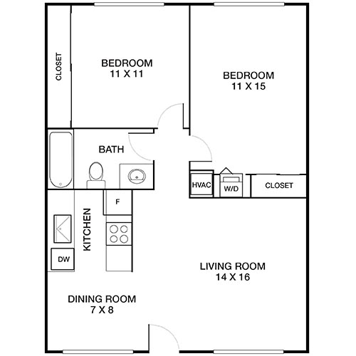 Charming floor plan with 2 bedrooms, a cozy living room, efficient kitchen, dining area, and modern bathroom.
