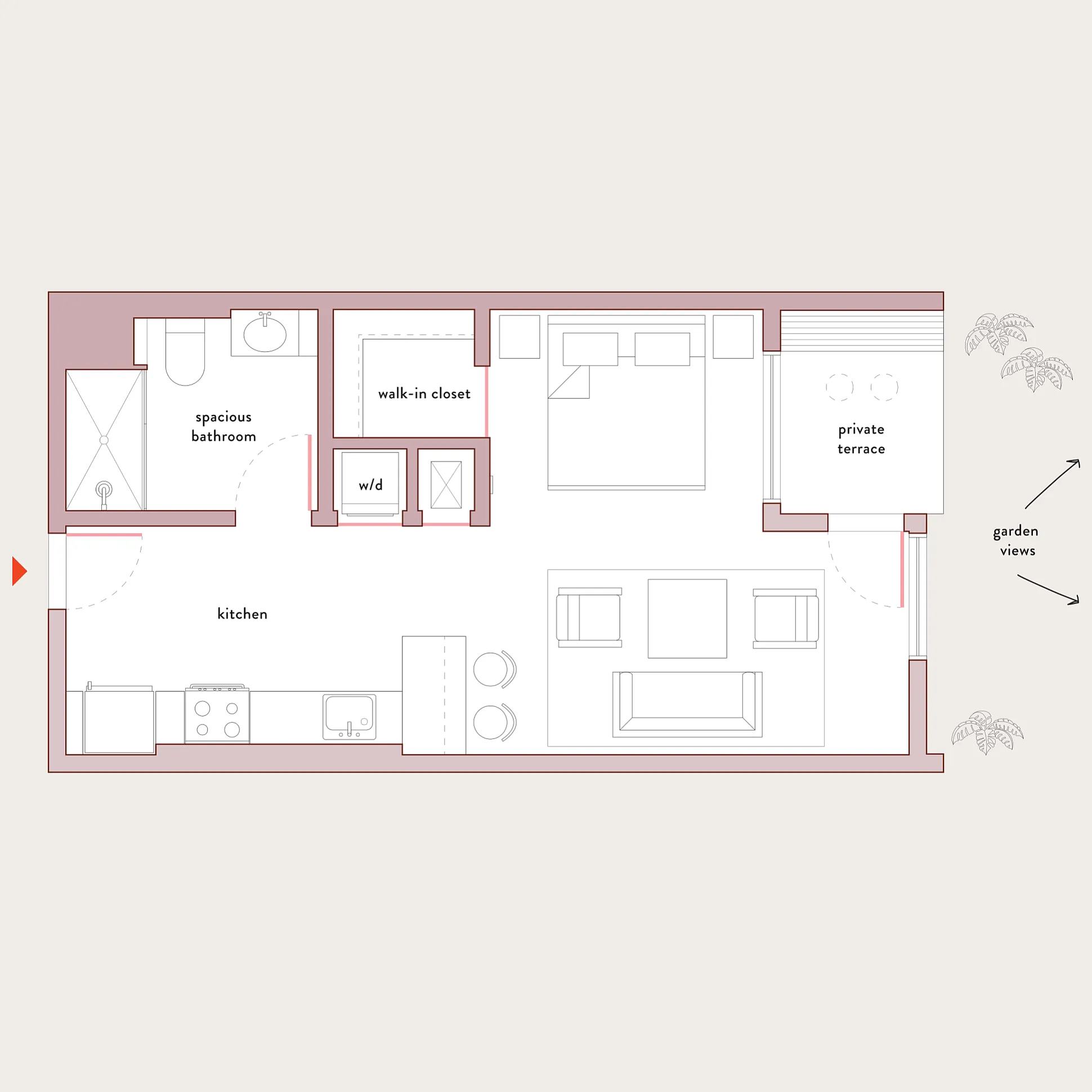 Elegant floor plan showcasing a spacious one-bedroom apartment with an open-concept living area, private terrace, and garden views.
