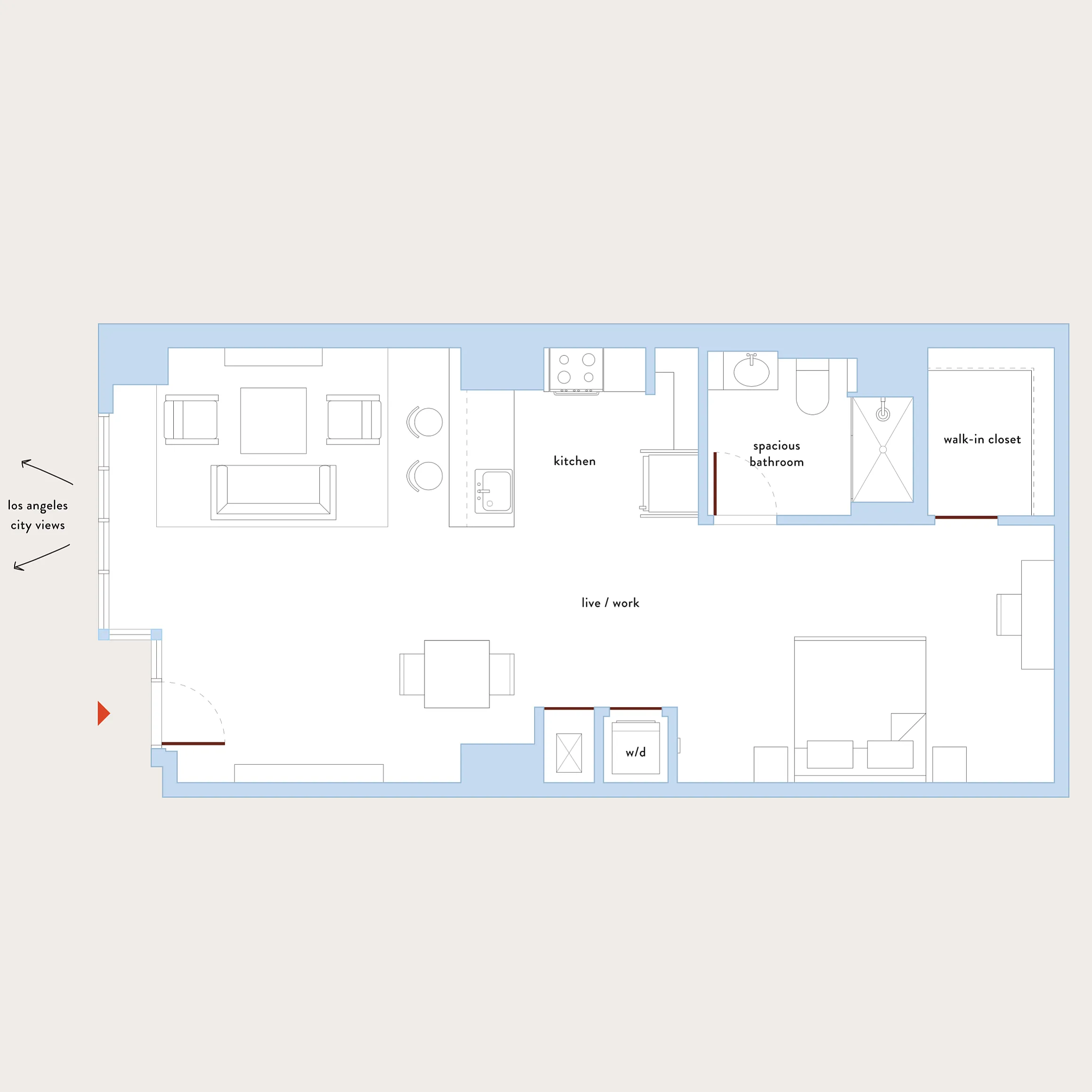 Modern floor plan highlighting a one-bedroom apartment with an open-concept kitchen, spacious living area, versatile live/work space, and panoramic Los Angeles city views.
