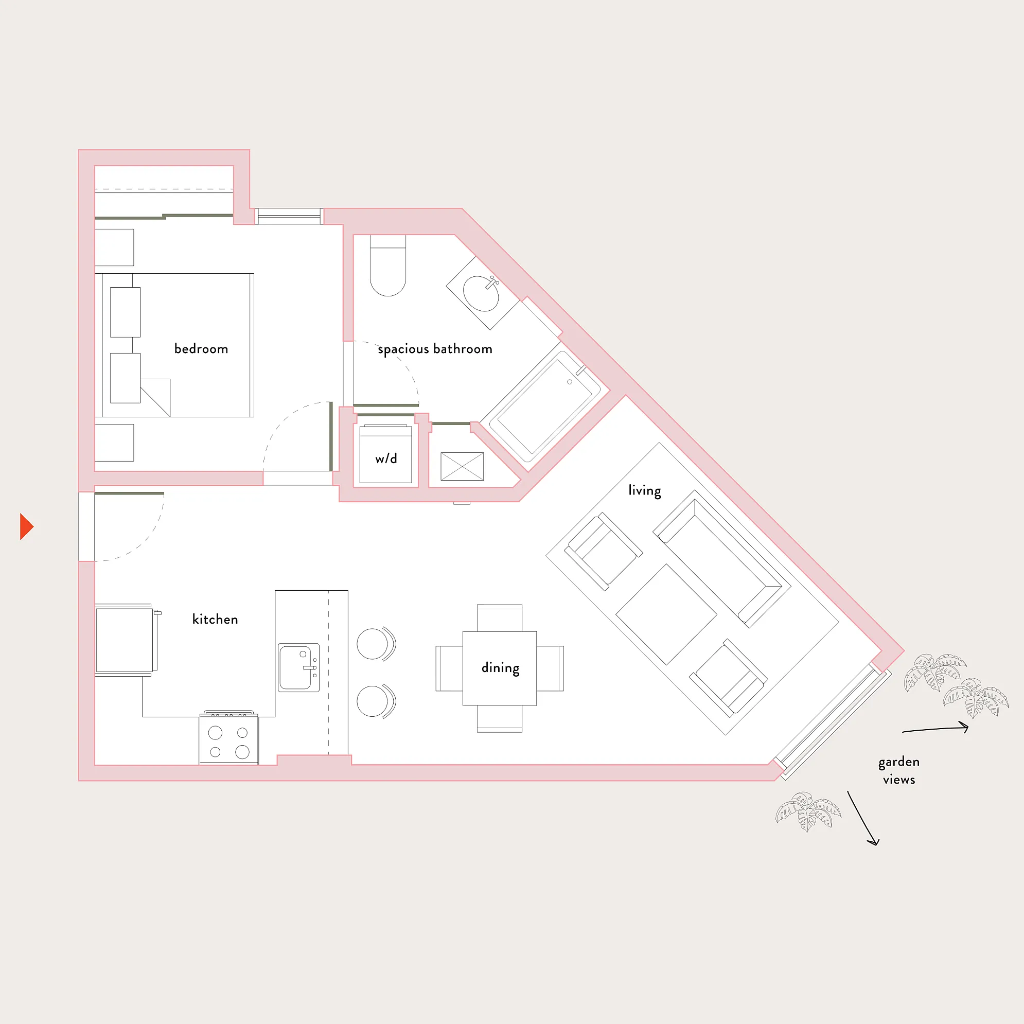 Chic floor plan featuring one bedroom, spacious bathroom, modern kitchen, and open living-dining area with garden views.