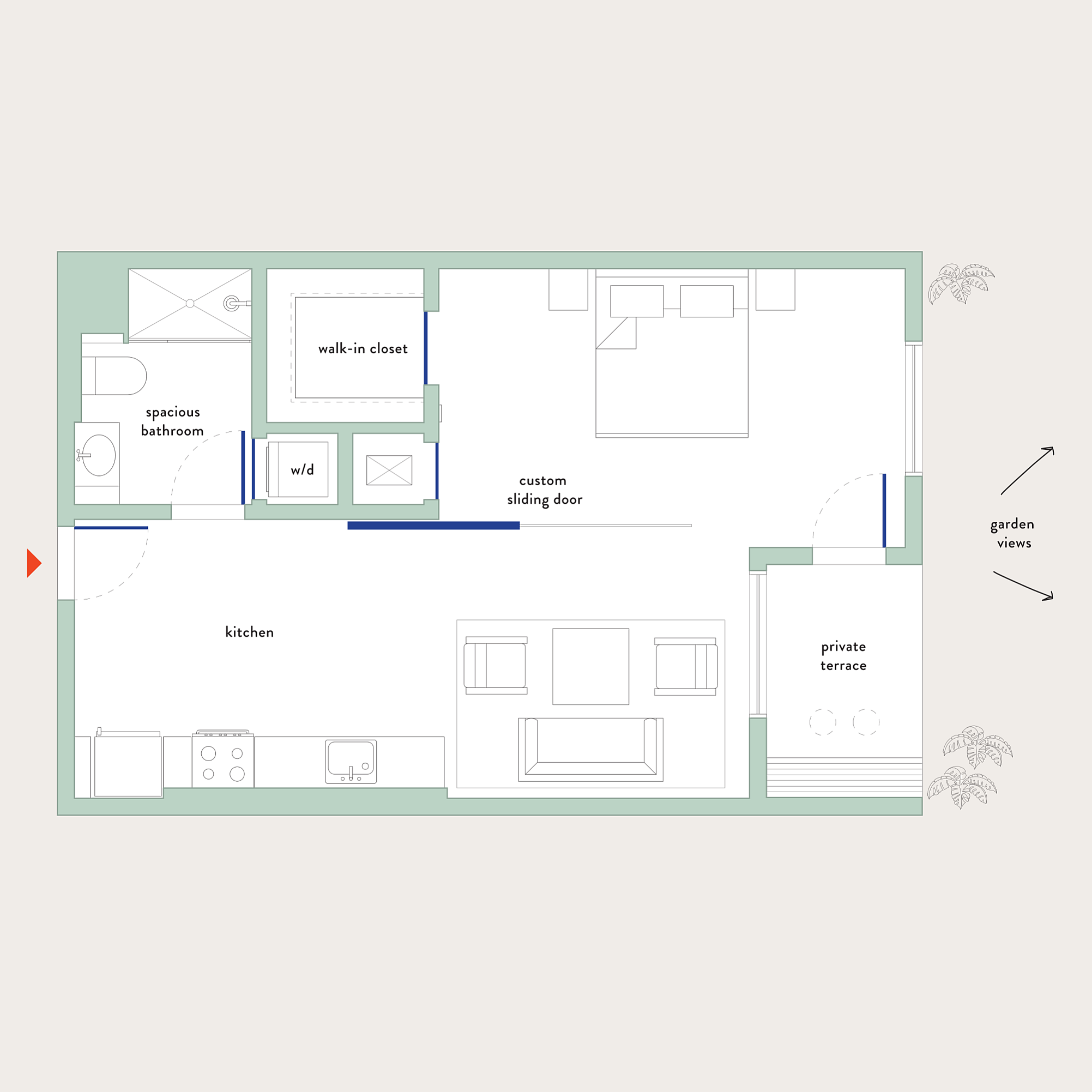 Elegant floor plan showcasing a spacious 1-bedroom apartment with a private terrace, modern kitchen, and garden views.