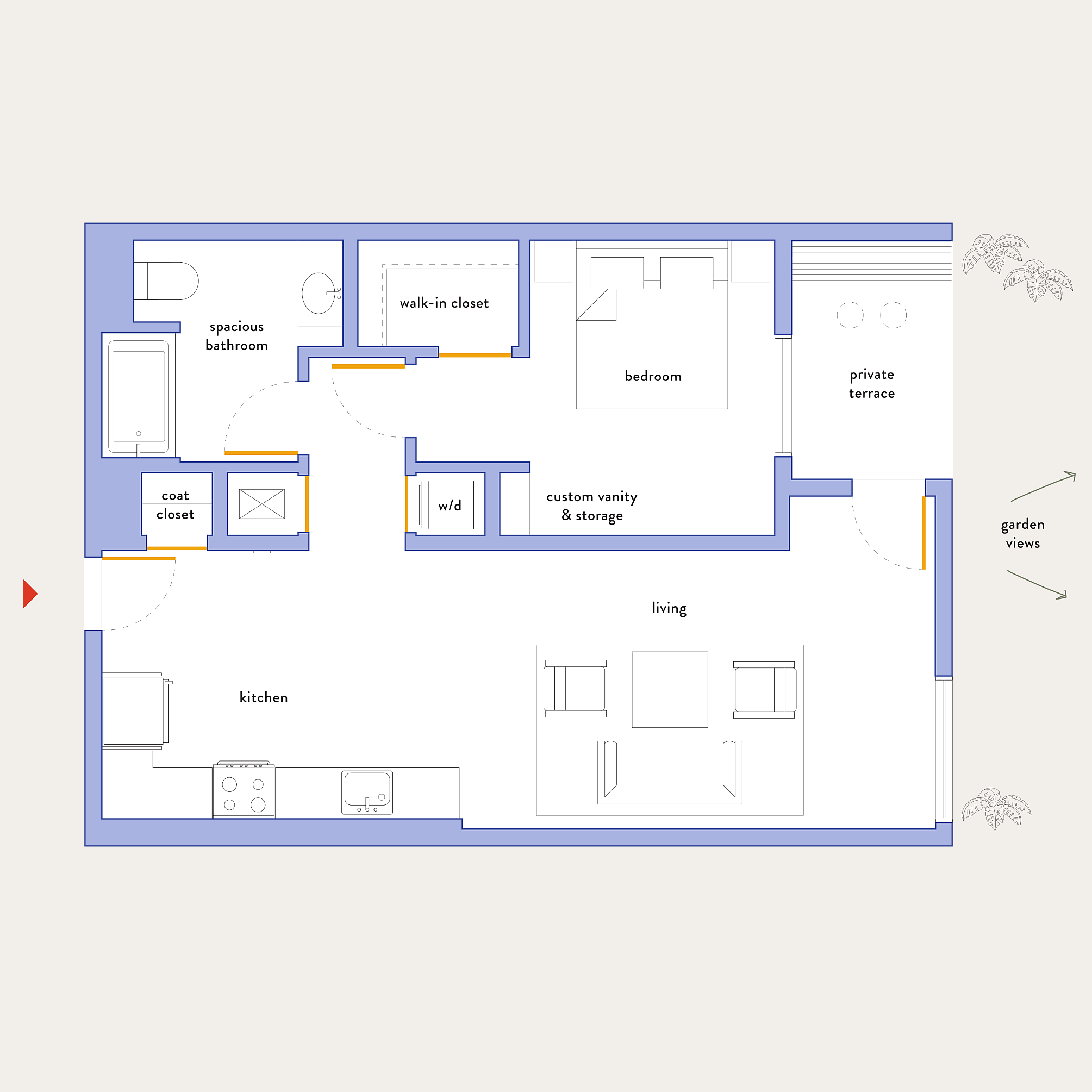 Modern floor plan featuring a bedroom with walk-in closet, spacious bathroom, open kitchen, and living area that opens to a private terrace with garden views.