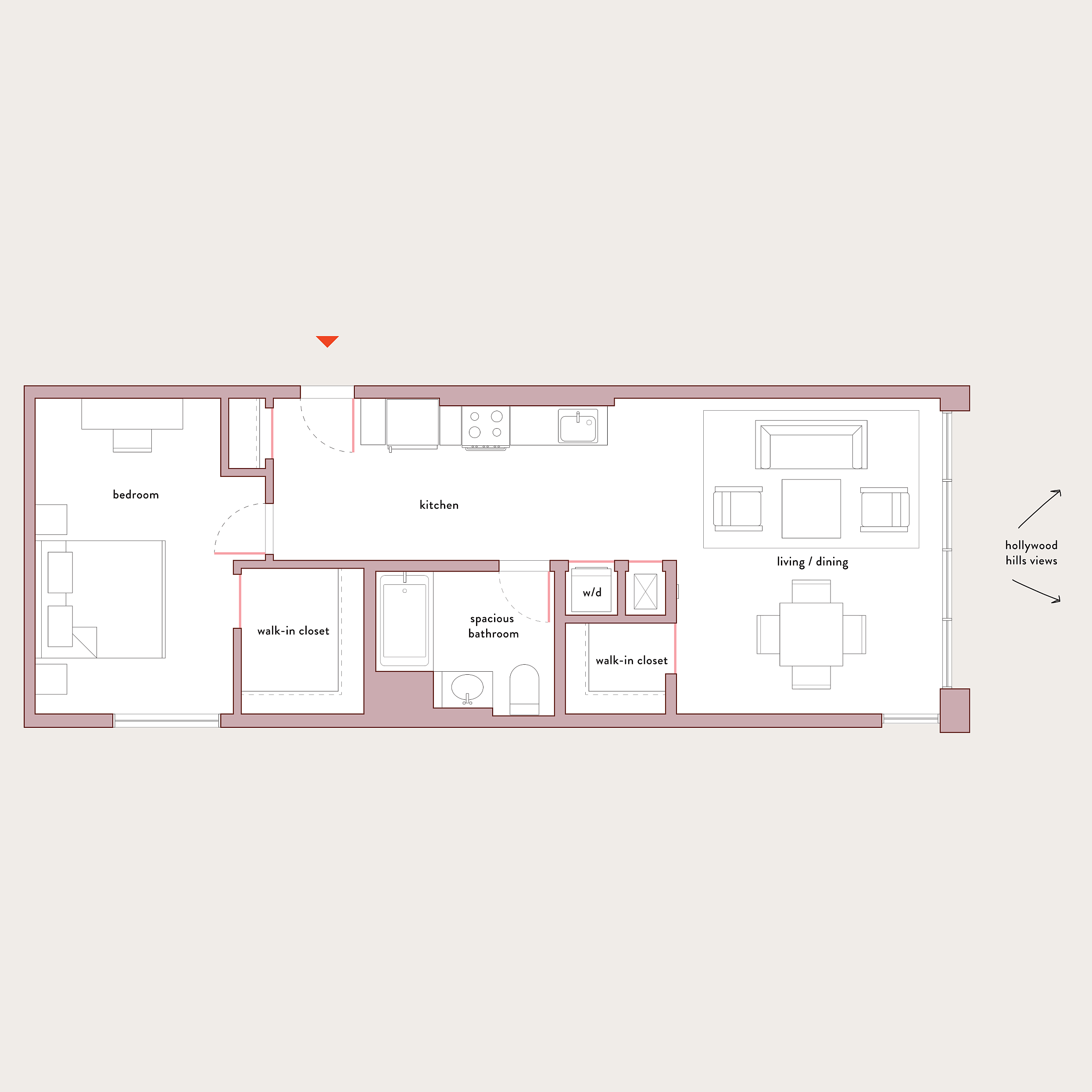Inviting floor plan showcasing 1 bedroom, open kitchen, spacious bathroom, and living/dining area with Hollywood Hills views.