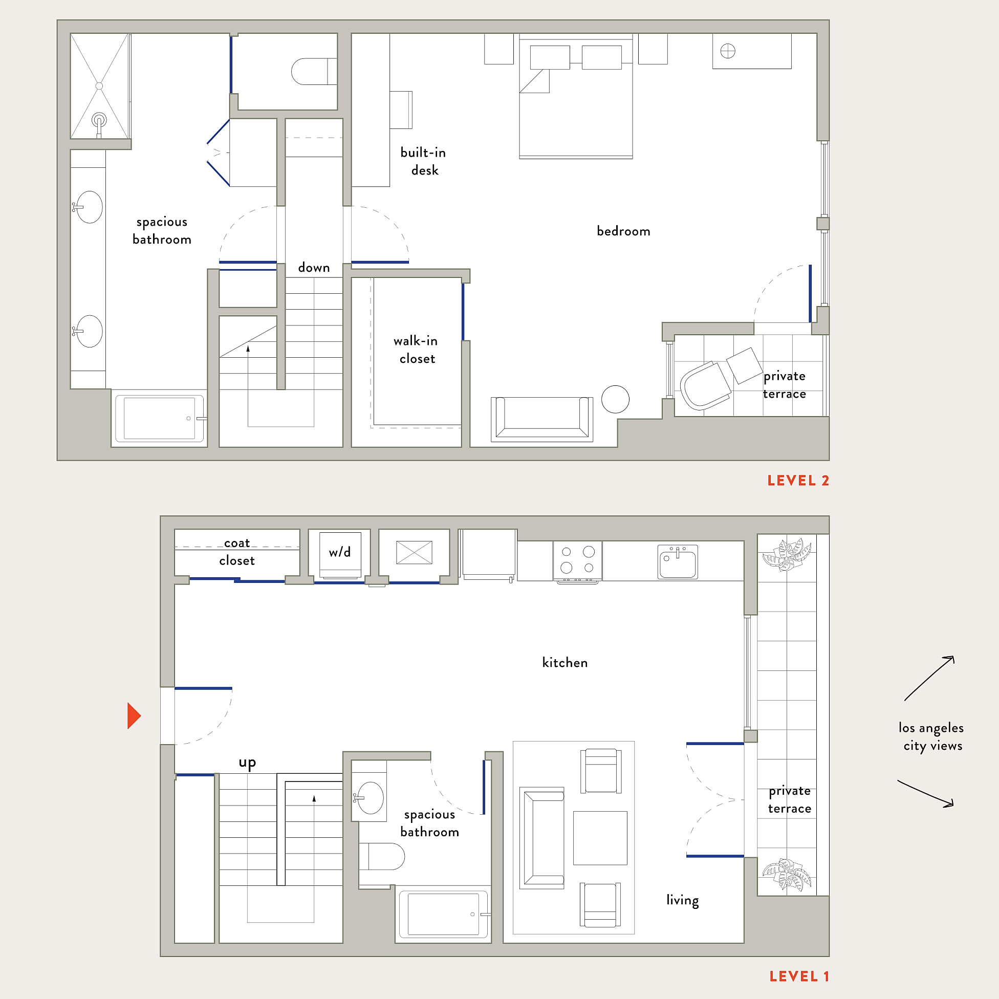 Chic dual-level Townhome floor plan with spacious living room, open kitchen, two private terraces, and elegant bedroom.
