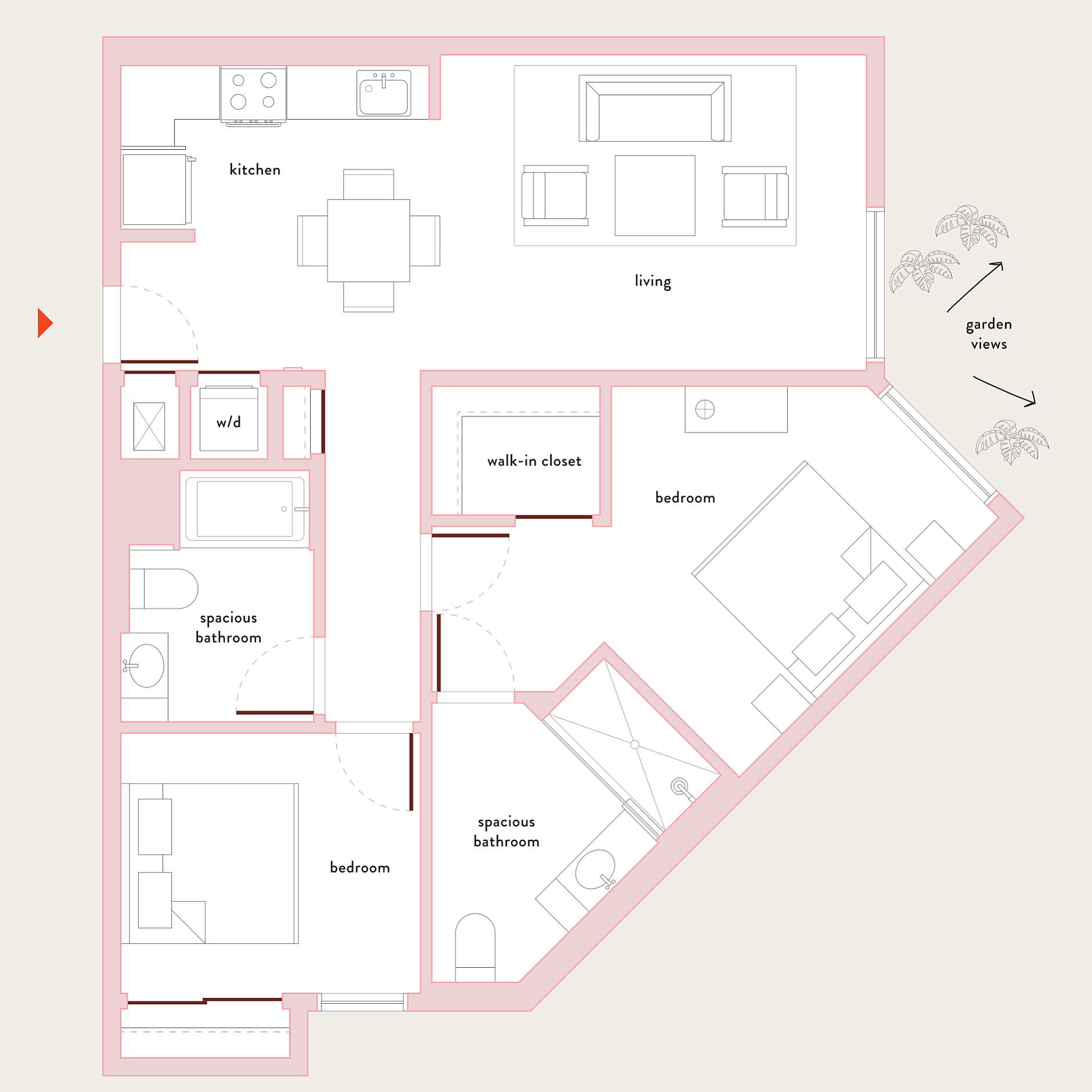 Elegant floor plan featuring two bedrooms, a spacious living area, and garden views. Includes a modern kitchen, two luxurious bathrooms, and a walk-in closet for ample storage.