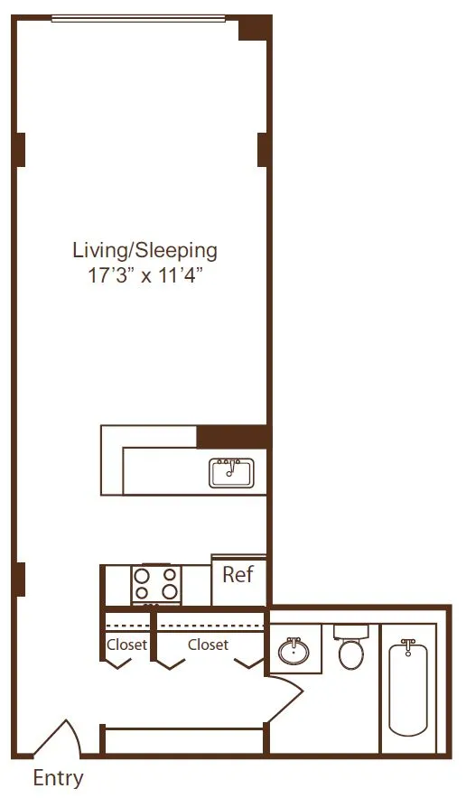 Modern studio apartment floor plan with spacious living and sleeping area, full kitchen, and bathroom with convenient closet space.
