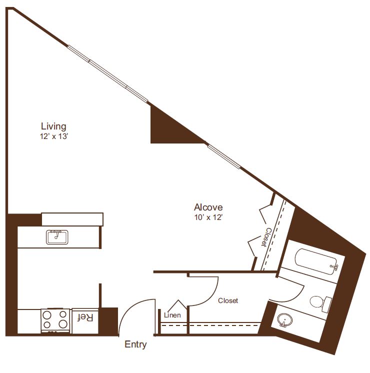 Modern floor plan showcasing an open living space with a kitchen, alcove, and stylish bathroom layout.