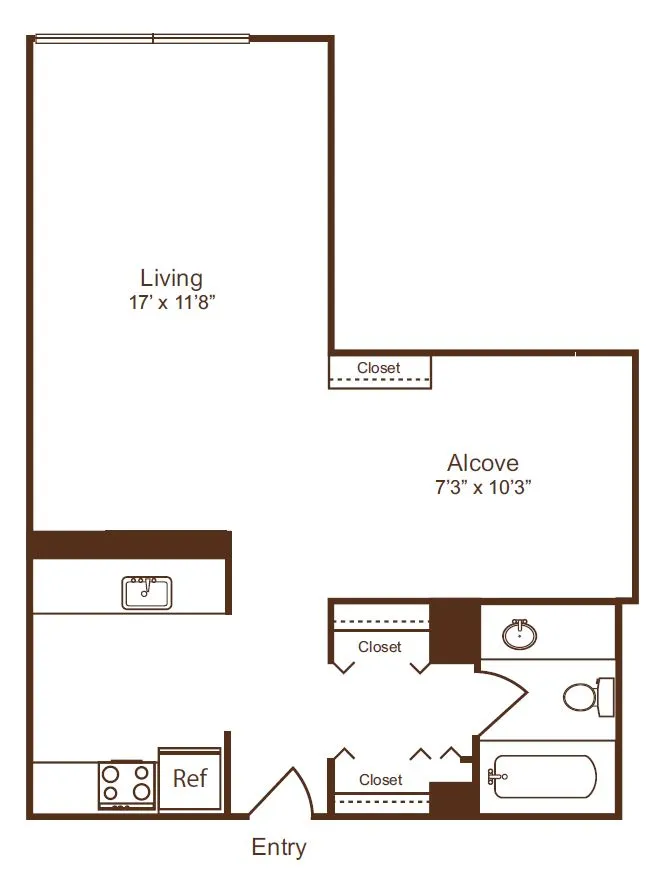 Charming studio floor plan with a spacious living area, cozy alcove, modern kitchen, and ample storage.