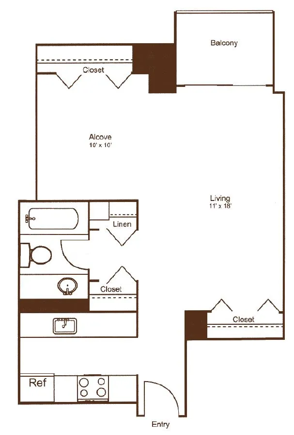 Modern floor plan featuring a spacious living area with balcony, cozy alcove, and efficiently designed kitchen and bathroom layout.