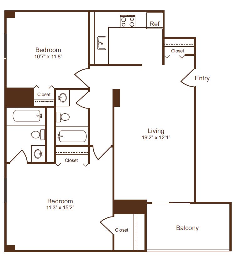Chic floor plan featuring two spacious bedrooms, two modern bathrooms, open-concept living area, efficient kitchen, and inviting balcony.