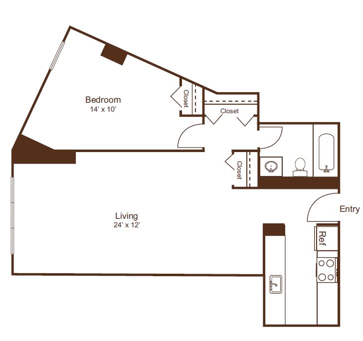 Spacious 1-bedroom apartment floor plan with integrated living area, modern kitchen, ample closets, and stylish bathroom.