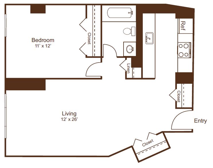 Charming 1-bedroom floor plan featuring a spacious living area, modern kitchen with ample storage, and a well-appointed bathroom.
