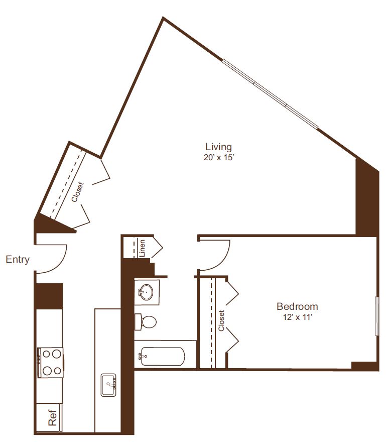 Contemporary 2D floor plan featuring a spacious living area, one elegant bedroom, and a modern kitchen with ample storage.