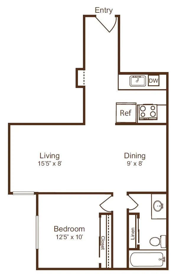 Chic 1-bedroom floor plan featuring a bright living area, cozy dining space, modern kitchen, and well-appointed bathroom.