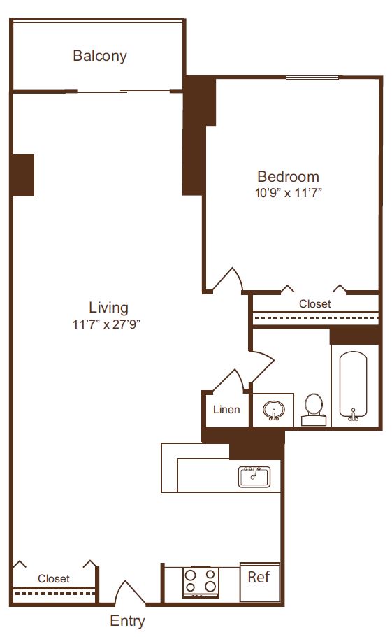Modern one-bedroom floor plan featuring a spacious living area with balcony access, well-equipped kitchen, and ample storage. Ideal for comfortable living.