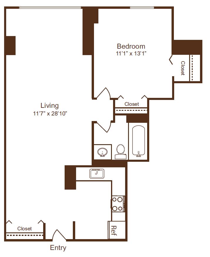 Modern 1-bedroom floor plan showcasing spacious living area, well-equipped kitchen, and ample storage space.