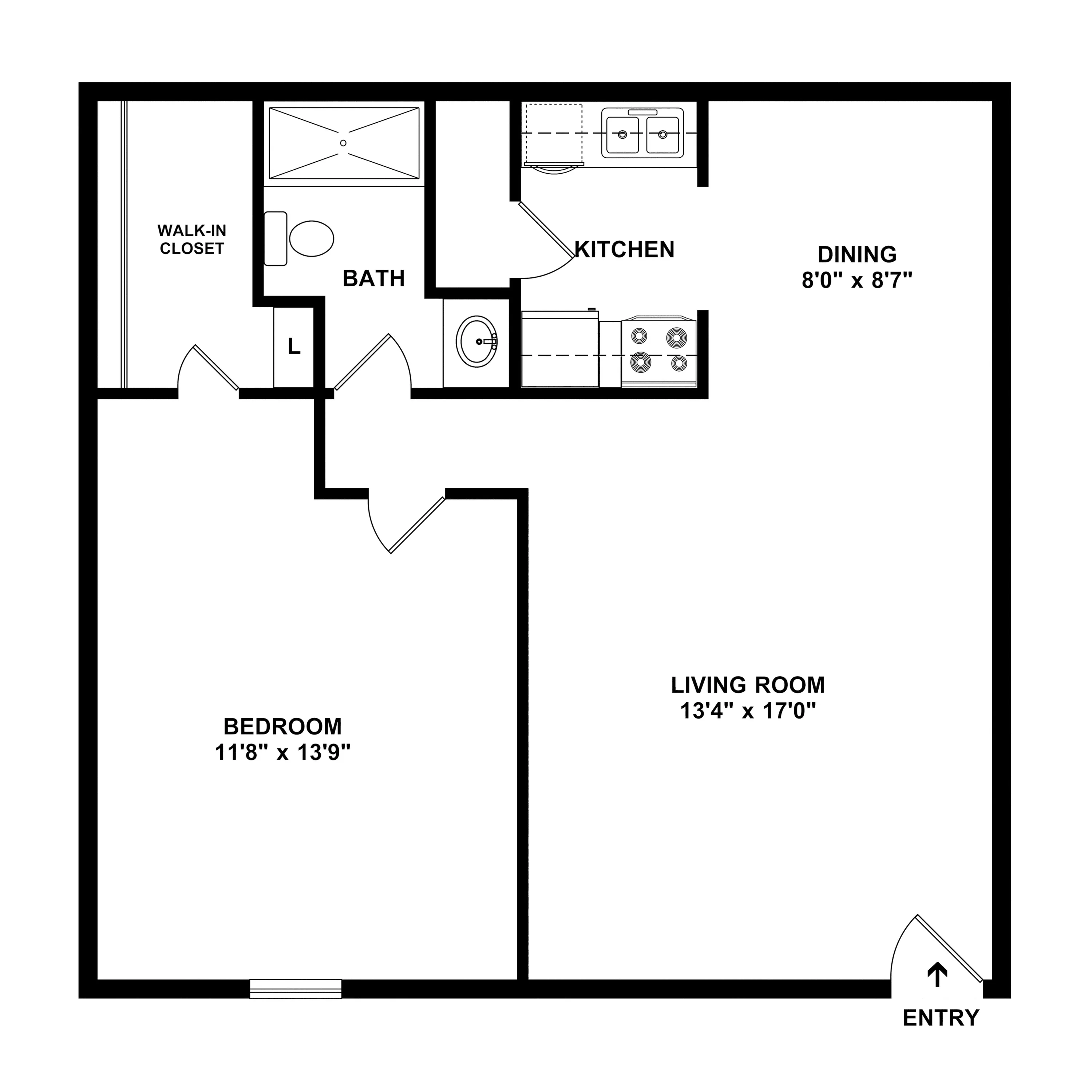 Modern 1-bedroom apartment floor plan with spacious living room, dining area, and kitchen, featuring a walk-in closet and convenient layout.