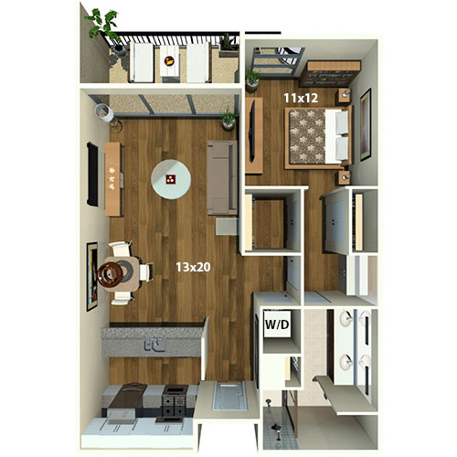 Chic 2D floor plan featuring a spacious bedroom, open-concept living and dining area, modern kitchen, and private balcony.