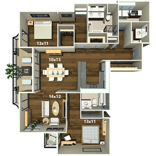 Modern floor plan showcasing a spacious layout with two bedrooms, two bathrooms, an open-concept living and dining area, and a stylish kitchen. Features include ample storage space, cozy seating arrangements, and chic interior details.