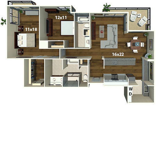 Modern apartment floor plan featuring 3 spacious bedrooms, a large open-concept living and dining area, and a sleek kitchen, complemented by hardwood flooring and expansive balcony views.