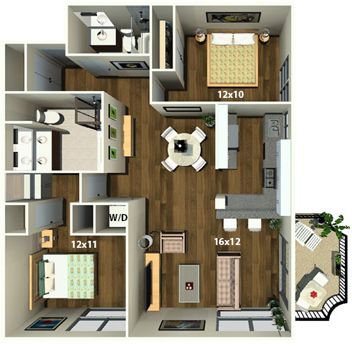 Modern floor plan showcasing 2 bedrooms, open-concept living and dining area, sleek kitchen, and charming balcony view.