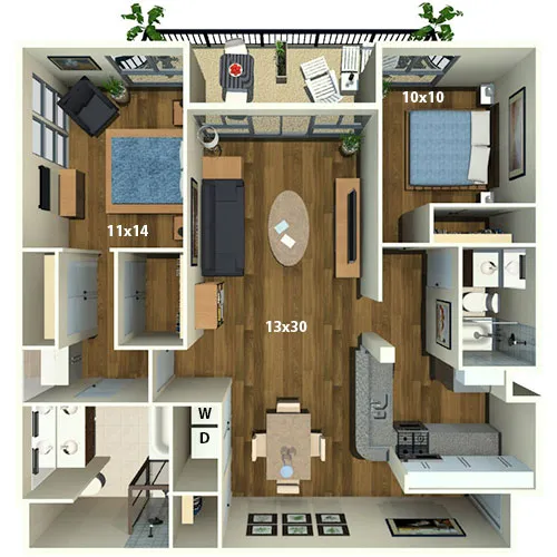 Modern 3D floor plan showcasing a 2-bedroom, open living area, dining space, and chic kitchen with breakfast bar, featuring balcony access and hardwood flooring.