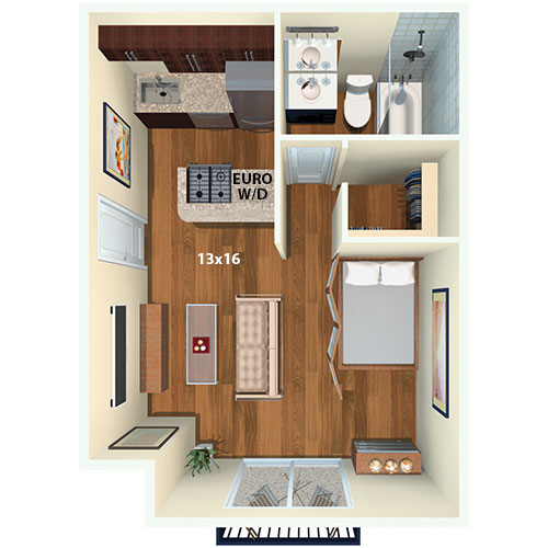 Modern 1-bedroom apartment floor plan featuring a cozy living area, sleek kitchen, and convenient European washer/dryer. Elegant design with wood flooring and spacious bathroom.