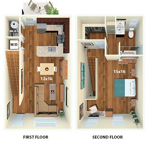 Charming 2-story floor plan featuring an inviting open kitchen and living area on the first floor, with a spacious bedroom and modern bathroom on the second floor.