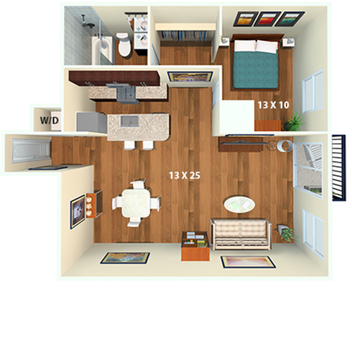 Charming 3D floor plan with open-concept living and dining area, a cozy bedroom, modern kitchen, and stylish bathroom.