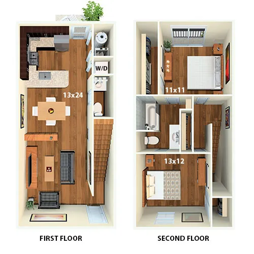Charming two-story floor plan featuring a stylish open-concept kitchen and living area on the first floor, with two cozy bedrooms and a modern bathroom on the second floor.