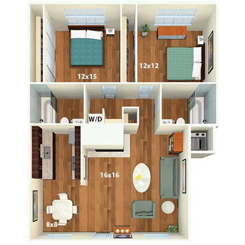 Inviting floor plan with 2 bedrooms, 2 bathrooms, and elegant open-concept living and dining area.