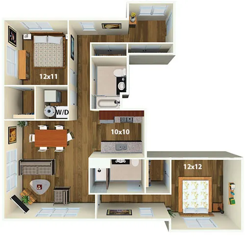 Elegant 3D floor plan showcasing two bedrooms, a cozy living area, modern kitchen, and in-unit laundry, blending style and functionality.