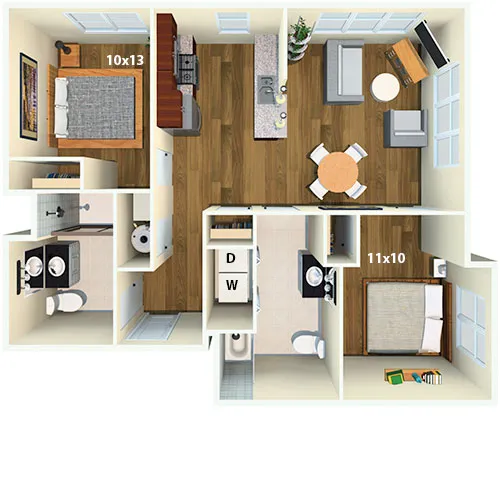 Contemporary 2D floor plan showcasing 2 bedrooms, open kitchen with island, cozy living area, and 2 modern bathrooms.