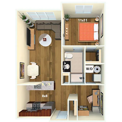 Modern 3D floor plan featuring 1 bedroom, open-concept living and dining area, sleek kitchen, and convenient washer/dryer space.