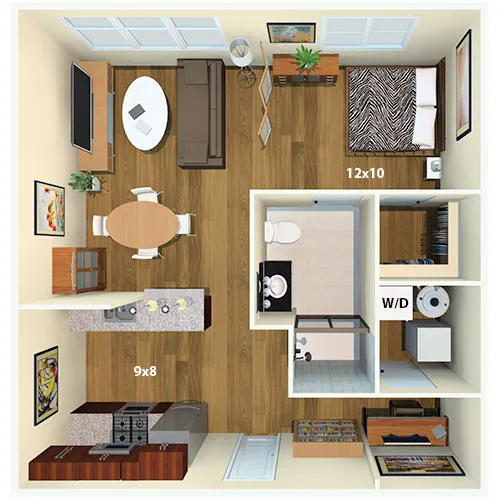 Chic 3D apartment floor plan showcasing a stylish living area, cozy bedroom, compact kitchen, and modern bathroom with convenient in-unit laundry.