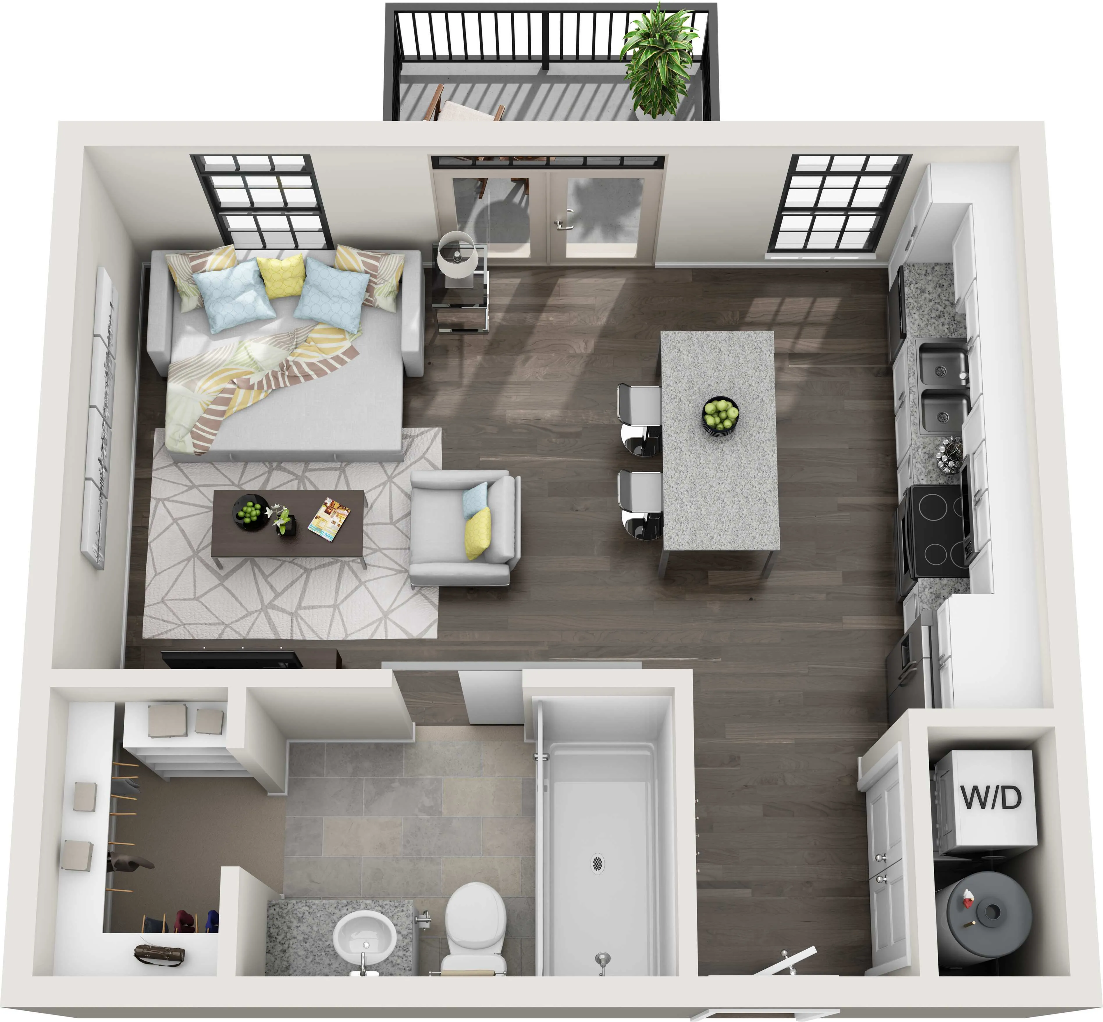 Modern studio apartment layout featuring an inviting open-concept living area, sleek kitchen with island seating, cozy bedroom, and stylish bathroom. Includes balcony access for relaxation.