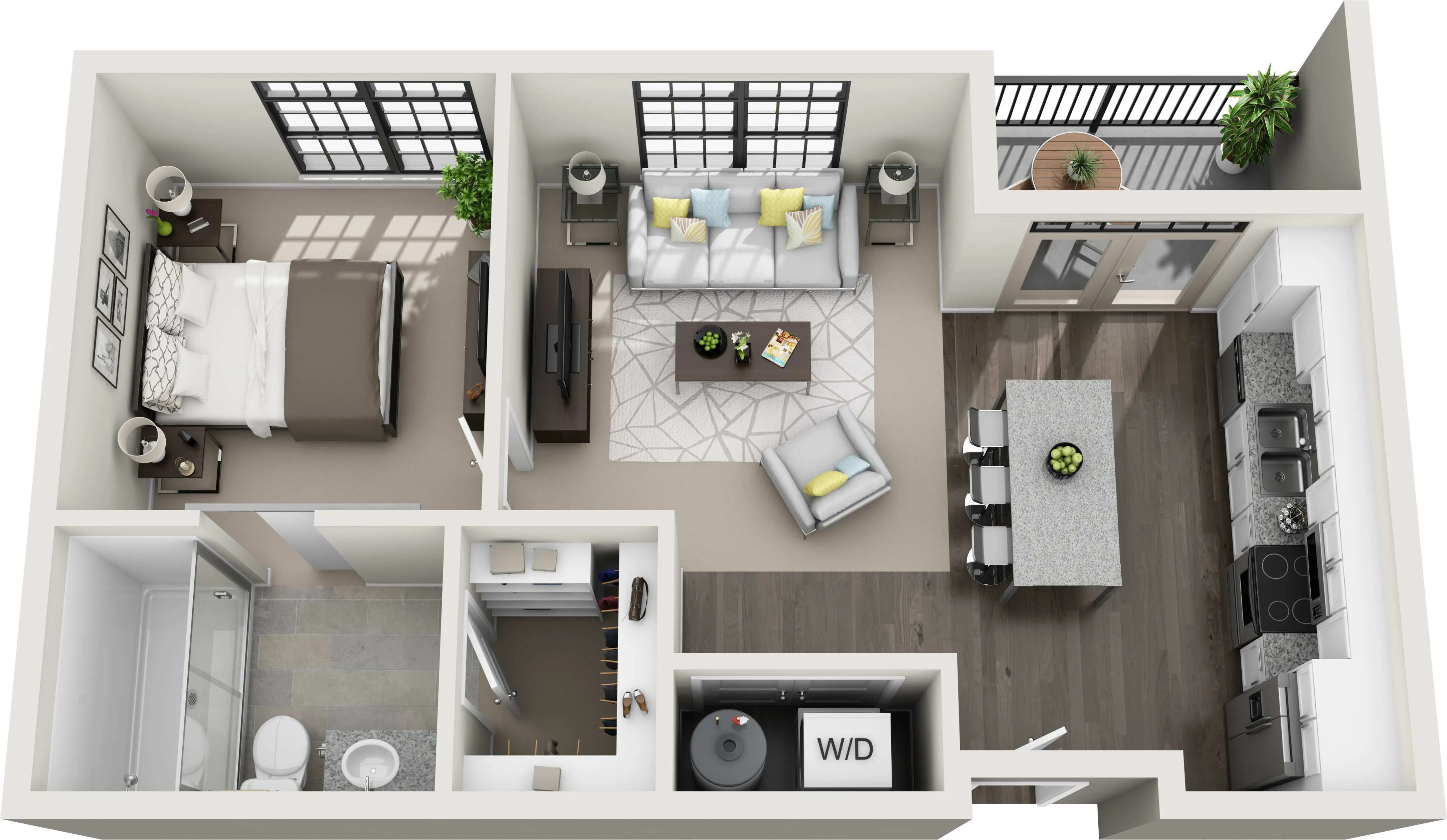 Modern 3D floor plan showcasing a spacious one-bedroom apartment with an open-concept living and kitchen area, sleek bathroom, and cozy balcony.